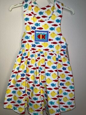 Vintage Marimekko Toddler Sundress with Red, Yellow & Blue Fish Print 2T